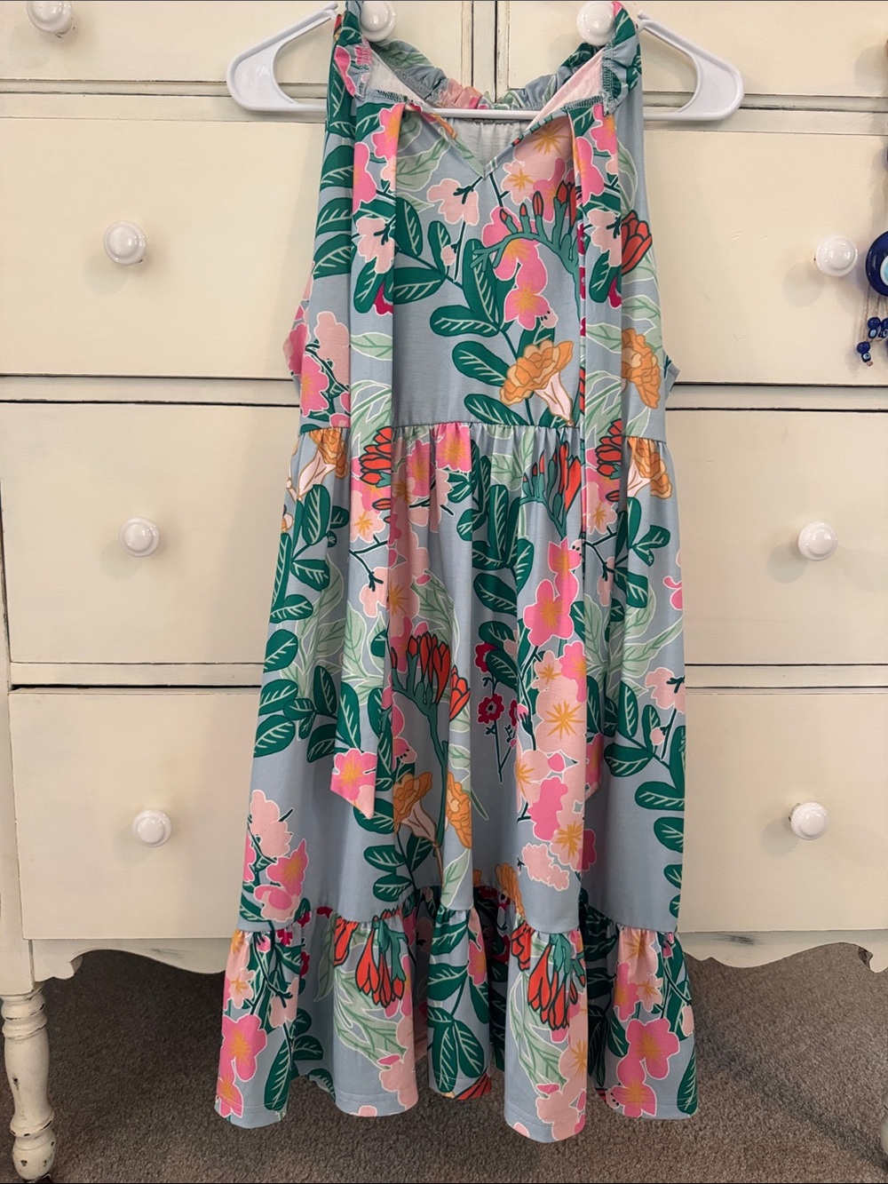 Woman’s Floral Tiered Sundress - Mint Green & Pink